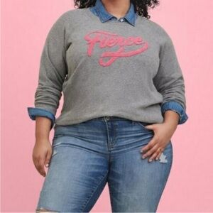 Torrid Gray Pink 'Fierce' Graphic Pullover Sweatshirt Modern Comfy Cozy